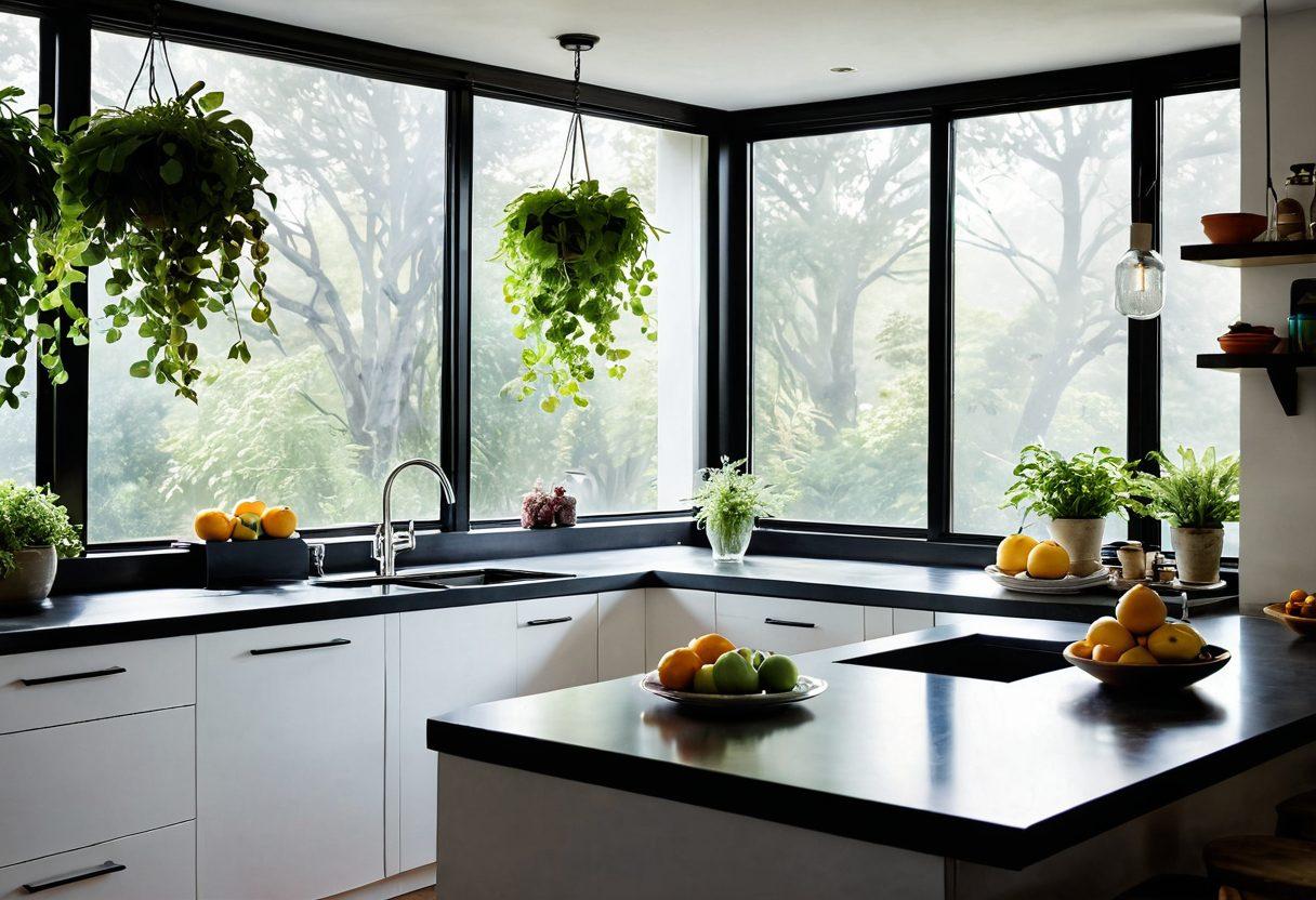 A serene home environment showcasing a bright, airy kitchen with a modern water filtration system prominently featured, alongside an air purifier gently emitting clean air. Sunlight streams through large windows, highlighting healthy plants and fresh fruits, symbolizing purity and vitality. A happy family interacts joyfully, illustrating the benefits of clean water and air. super-realistic. vibrant colors. natural light.