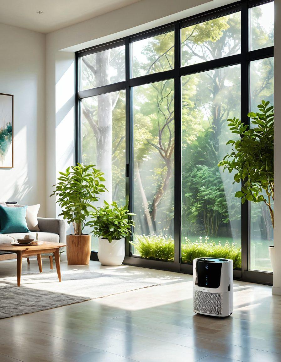 A serene home interior featuring bright sunlight streaming through large windows, highlighting a sleek air purifier and a modern water filtration system. Show vibrant greenery around, symbolizing freshness and clean living. Include happy family members enjoying the pure air and water, fostering a sense of joy and wellness. super-realistic. vibrant colors. minimalistic design.