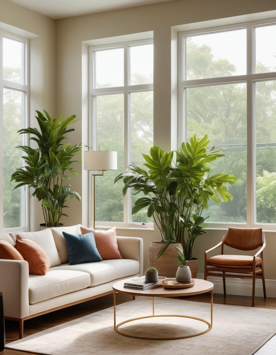 A serene corner of a beautifully transformed home, featuring air-purifying plants and a sleek filtration system that blends seamlessly into the decor, soft natural light streaming through large windows. Cozy furniture and calming decorative elements create a sanctuary atmosphere. Emphasize tranquility and the benefits of effective filtration technology. super-realistic. vibrant colors. peaceful ambiance.